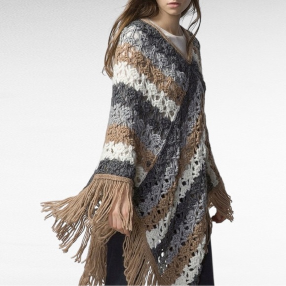 Massimo Dutti | Crochet Striped Poncho Alpaca Wool Blend Fringed Cozy Poncho - Picture 1 of 6
